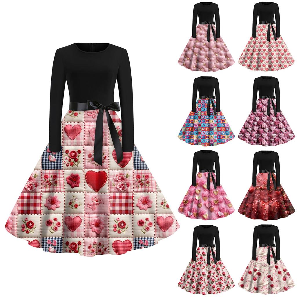 Women's Fashion Round Neck Casual Slim Valentine's Day Printed Long Sleeve Dresses