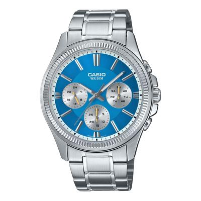 Мужские часы Casio MTP1375D-2A2V, нержавеющая сталь, рифленый безель, многофункциональные, циферблат аквамариновый синий, синий, Современные, Синий,