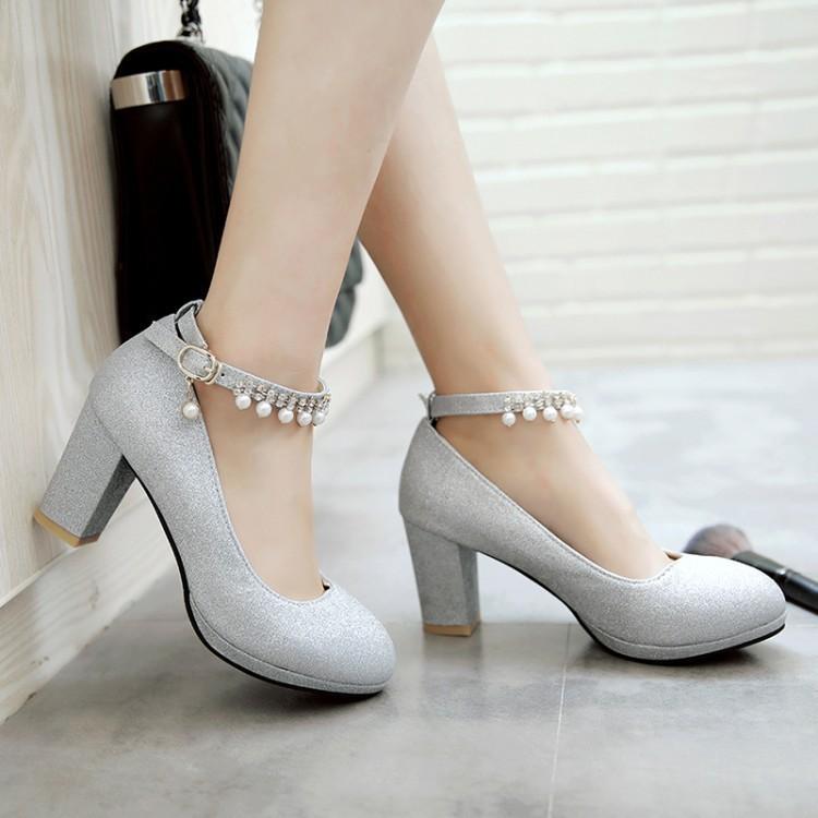 Новые импортные одиночные туфли женские толстые каблуки круглые головки легкие блестки водные столы очень большие одиночные туфли Европа и Америка