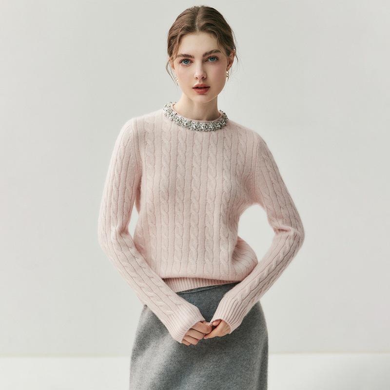 Elegant Women's Cashmere Sweater: Autumn/Winter Style, Round Neck with Rhinestones, Cable Knit Pullover.