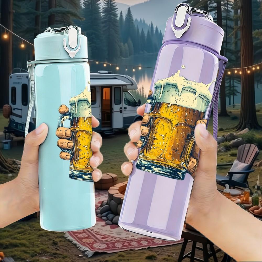 1PC Hand Hold Beer Mug Drink Print 750ml Color Plastic Sports Water Bottle Leakproof Flip Straw Lid Suitable for Sports Office Home Use