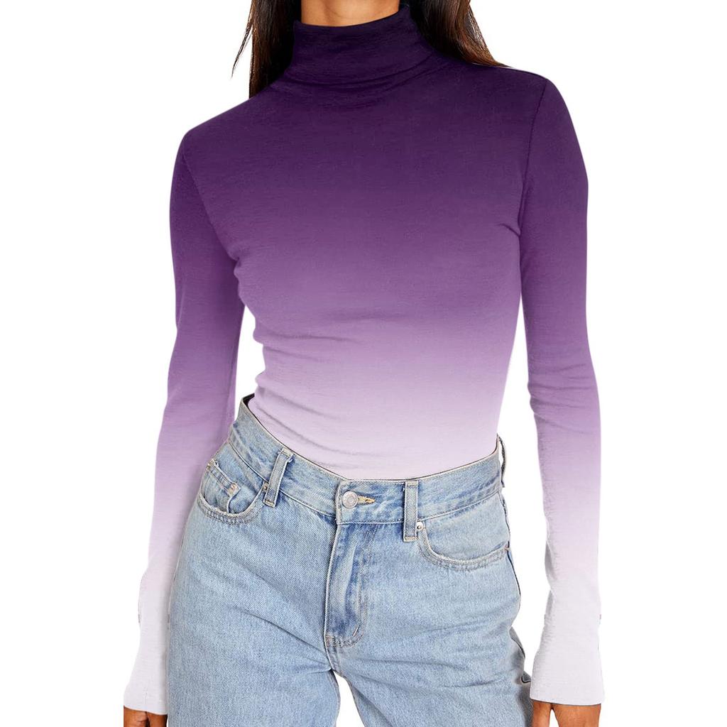 Women's Turtleneck Long Sleeve Shirts Printed Fall Fashion Basic Slim Fit Soft Thermal Tops