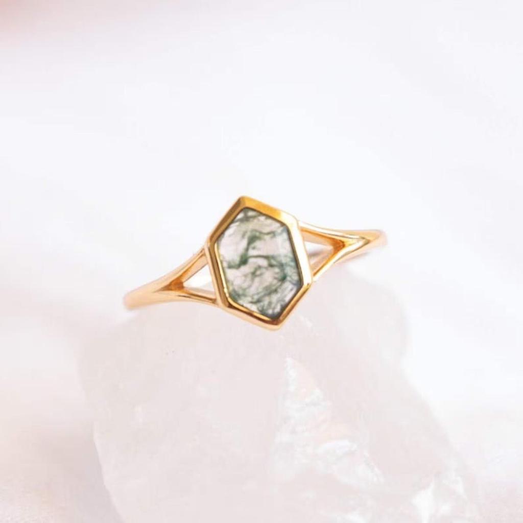 Кольцо-солитер с моховым агатом шестиугольной формы – Винтажное кольцо с паве на раздвоенной шинке с покрытием из желтого золота, Ювелирное изделие для свадьбы и помолвки, Подарок для женщин