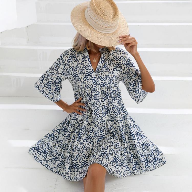 Женское летнее платье А-силуэта с высокой талией, коротким рукавом, этническим принтом и шнуровкой