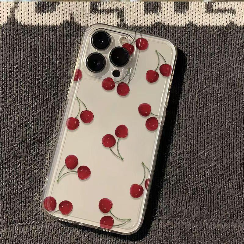 Niche Full Screen Cherry Suitable for IPhone16promax Mobile Phone Case Simple Thickened Transparent Apple 15 Anti Fall 14