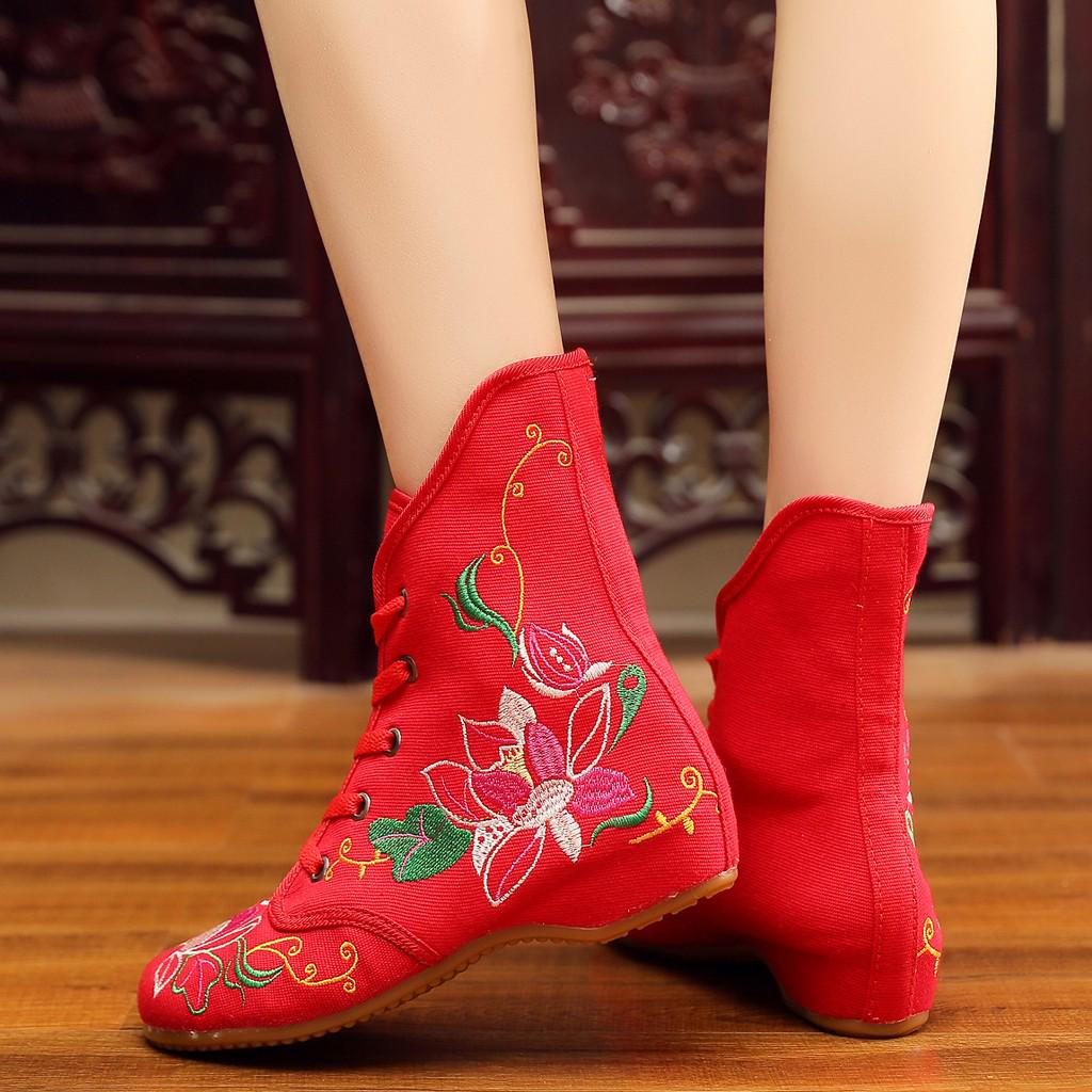 Women's Embroidered  Bare Booties Sport Lace-Up Square Heel Short Boots