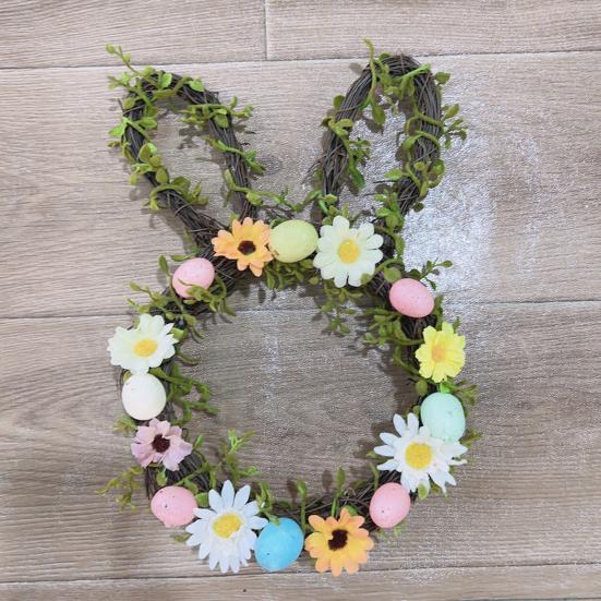 Пасхальный венок в форме маленького кролика, плетеный из ротанга, с пастельными яйцами и цветами для входной двери, для дома, для окна, на стену, весенний декор