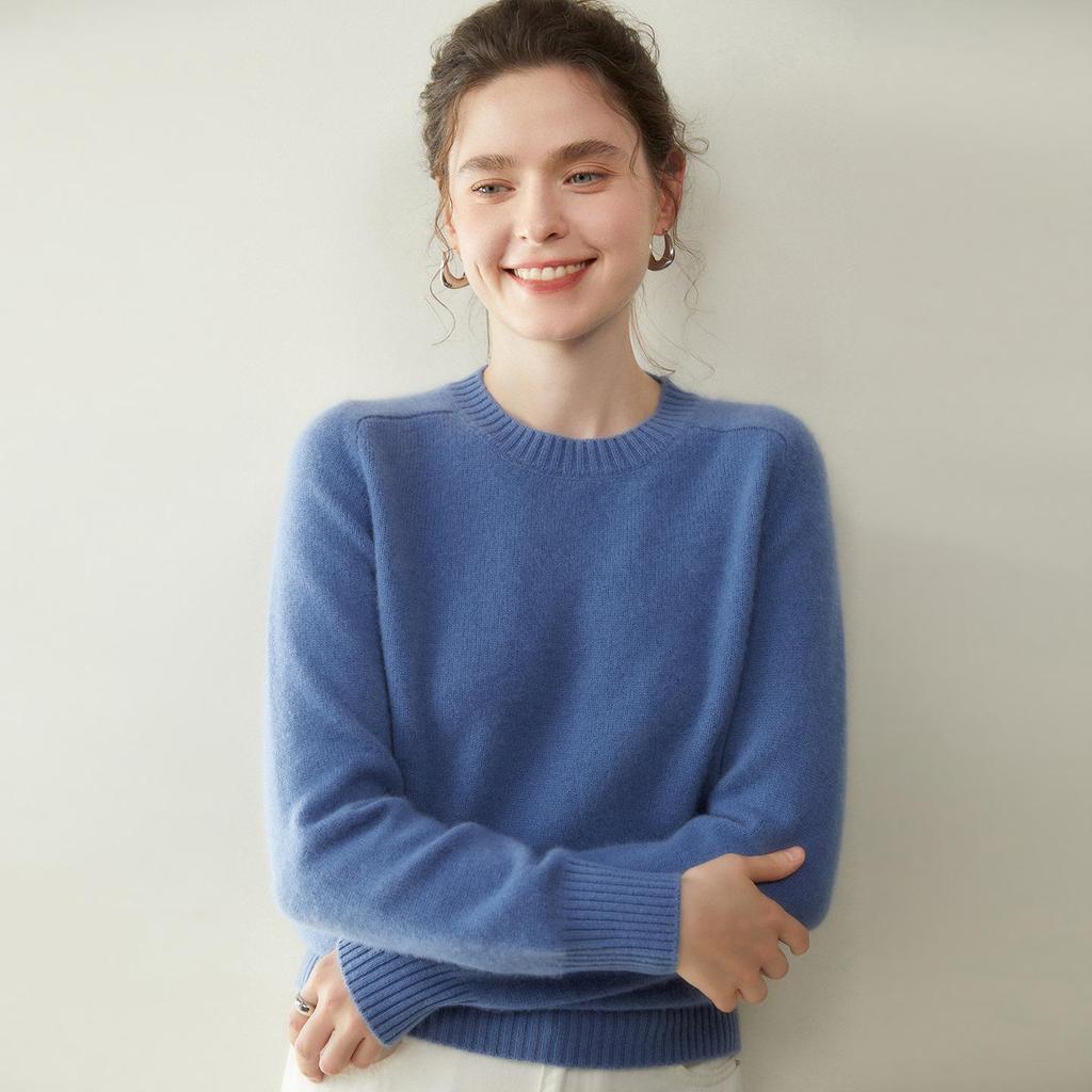 Женский кашемировый свитер с круглым вырезом - Коллекция Осень/Зима 2025, Реглан, Утепленный, Однотонный, Свободный крой, Стройнящий вязаный базовый.