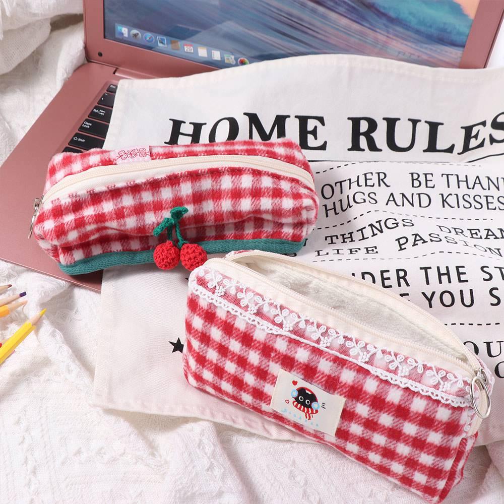 Plush Plaid Storage Bag Cute Stationery Storage Pouch Office/School Supplies