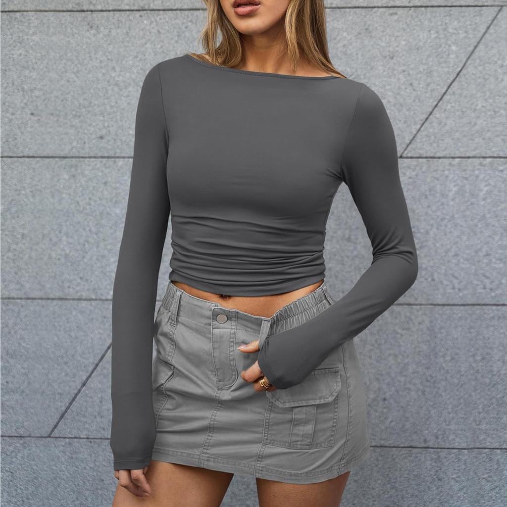 Женские рубашки с длинным рукавом, модные модели с круглым вырезом, укороченные топы, многослойные, облегающие топы