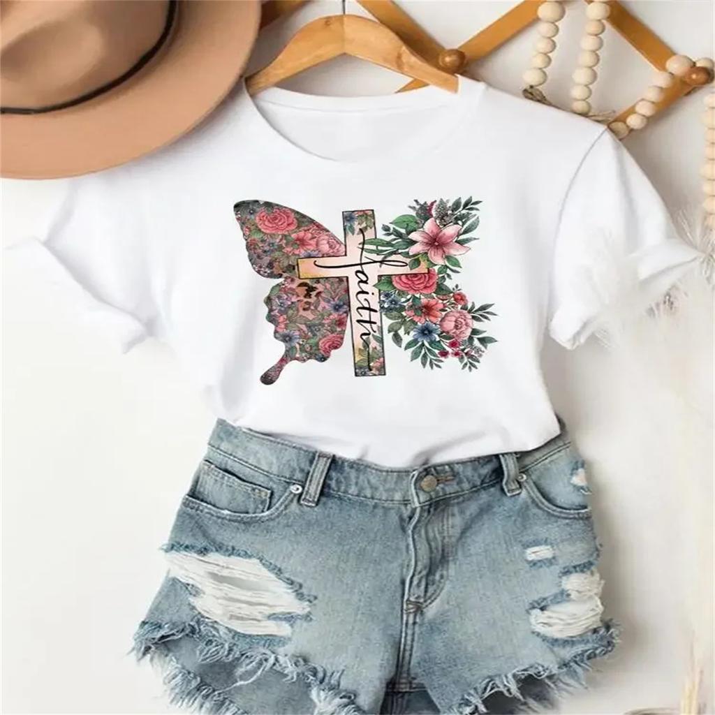 Casual Tee O-neck Women Graphic T-shirts Clothing T Fashion Faith Leopard Flower Butterfly Short Sleeve Printed Female Clothes