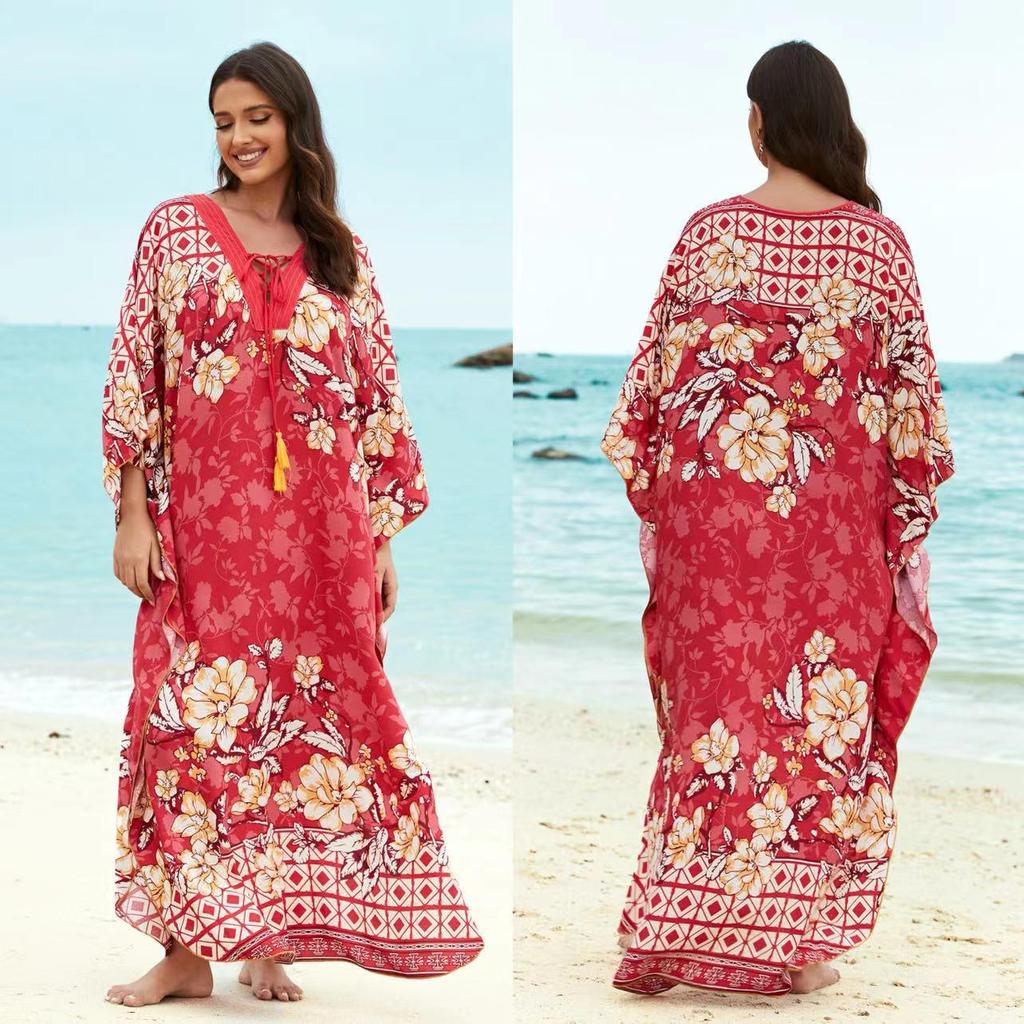 2023 European & American Rayon Front Tie Holiday Bikini Swimsuit Cover-up Robe