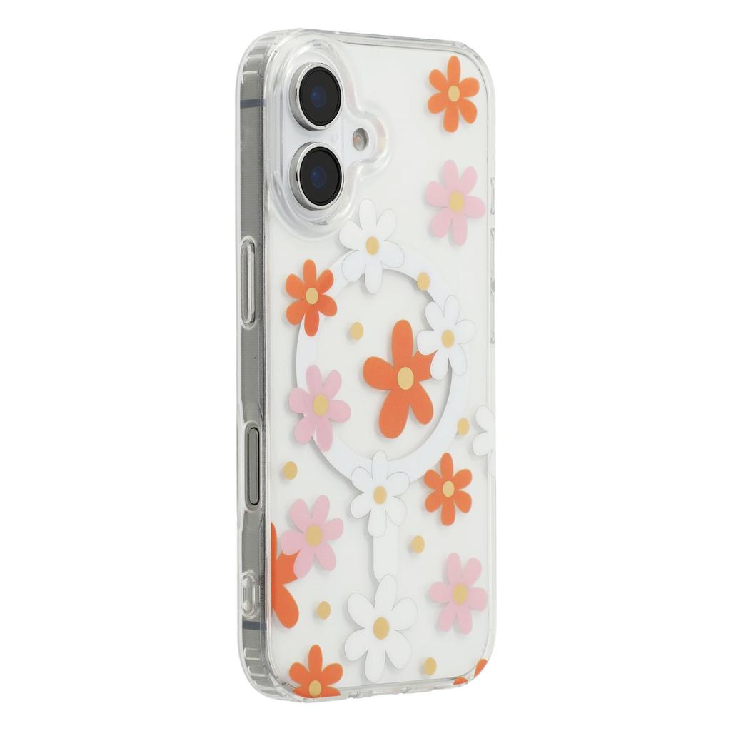 For iPhone 16 Magnetic Case IMD Flower Pattern TPU+PC Clear Back Phone Cover