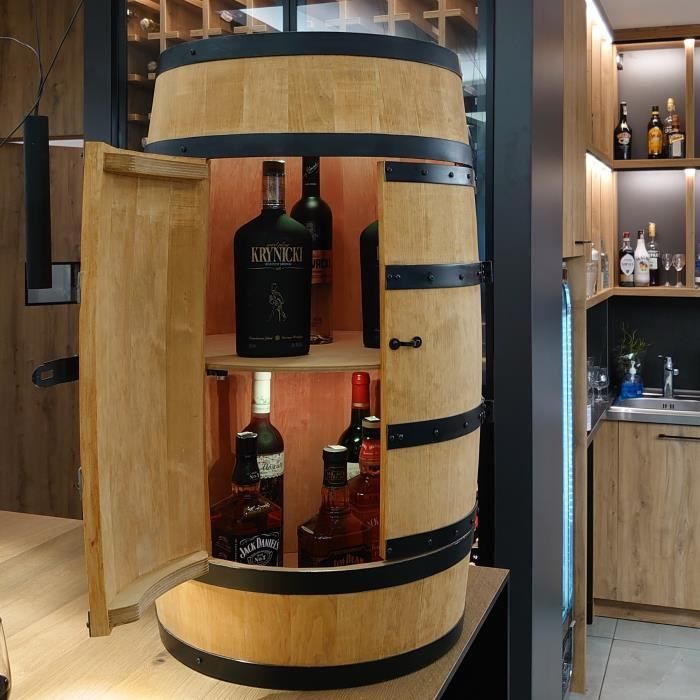 Casier à Vin LED - Creative Cooper - Tonneau En Bois avec des portes, Meuble Rangement Bouteille Alcool, 80x50 cm, Chêne