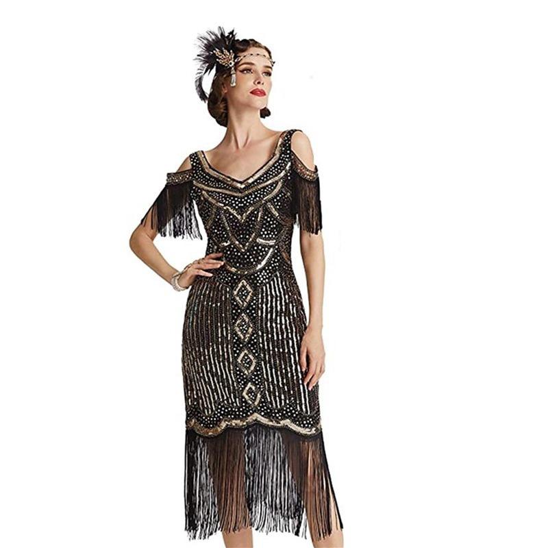Retro Gatsby 1920s Sequin Tassel Evening Dress, Sizes XS-4XL