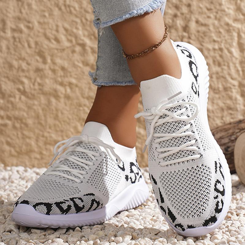 Fashion Women Sneakers for Mesh Breathable Soft Sole Shoes Comfort Lace Up Flat Loafers Fashion Leopard-Print Sport Casual Shoes