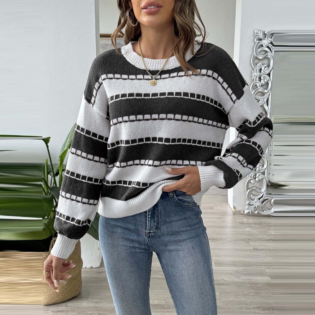 Women's Clashing Patchwork Stripe Colour Block Pullover Sweater Bottom Sweater