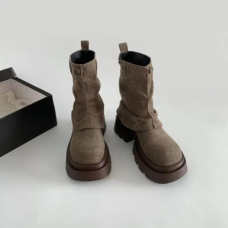 Средний каблук, новинка, женские полусапоги с круглым носком, демисезонная удобная и элегантная качественная обувь, женская обувь до середины голени