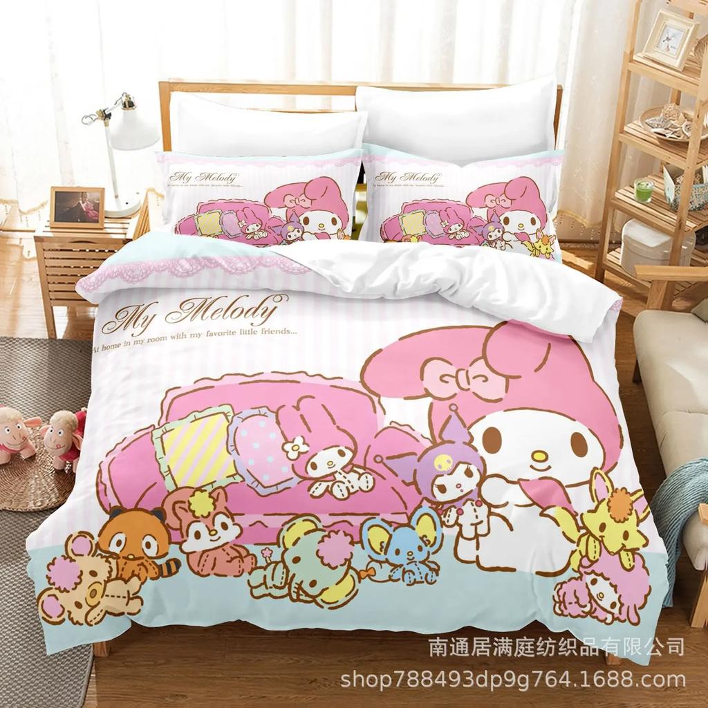 Sanrio Digital Printing HelloKitt Pudding Dog Cartoon Style Quilt Cover Bedding Three-piece Set Two-dimensional Home Furnishing