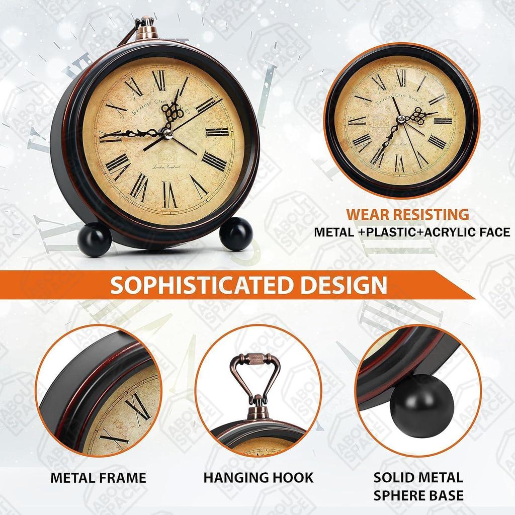 Vintage Alarm Clock Round Silent Analog Table Clock Non-Ticking with Roman Numerals, Hanging Hook - Battery Powered for Home Office Students