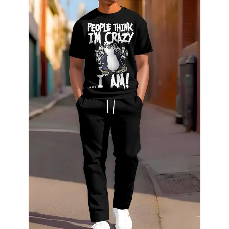 European & American Casual Sports Printed Two-piece Set: Short-sleeve Long Pants