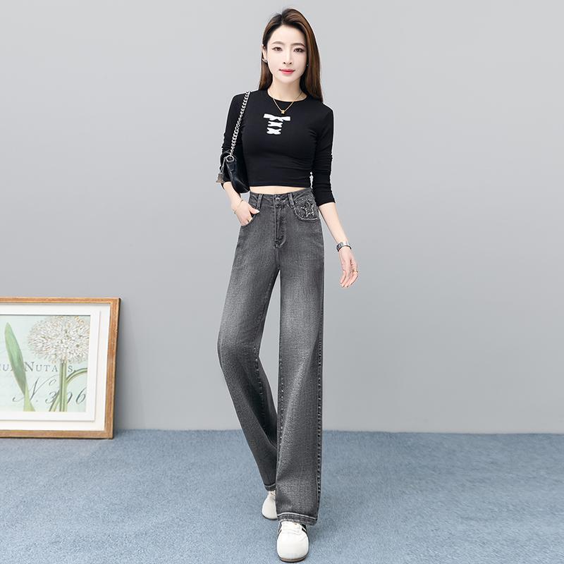 Gray hot diamond denim straight-leg pants women's summer new high-waisted loose and thin narrow wide-leg pants