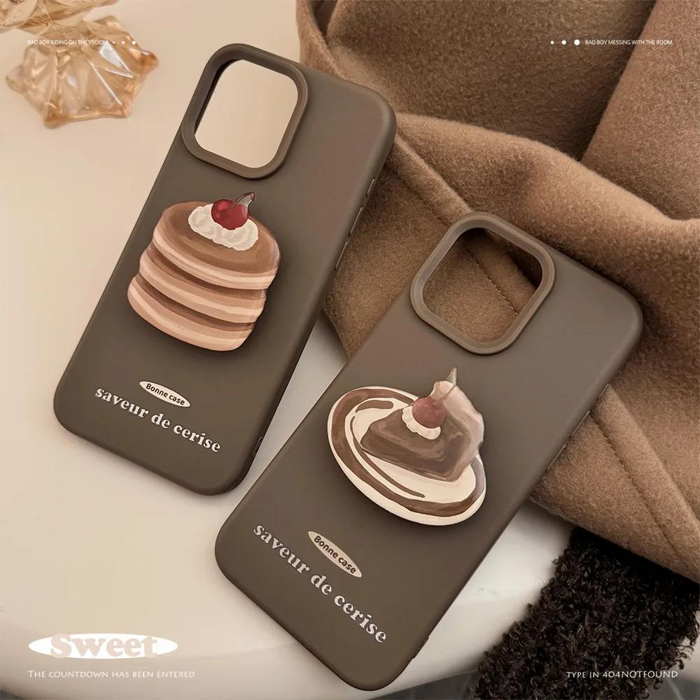 Korean Cartoon Cherry Cake Souffle Dessert Holder Phone Case For Iphone 17 16 15 14 13 12 Pro Max Shockproof Protective Cover