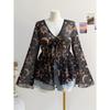 V-neck Printed Vacation-style Women's Flared Sleeve Loose and Flowing Top