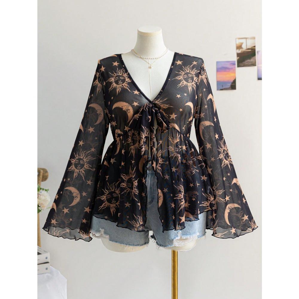 V-neck Printed Vacation-style Women's Flared Sleeve Loose and Flowing Top