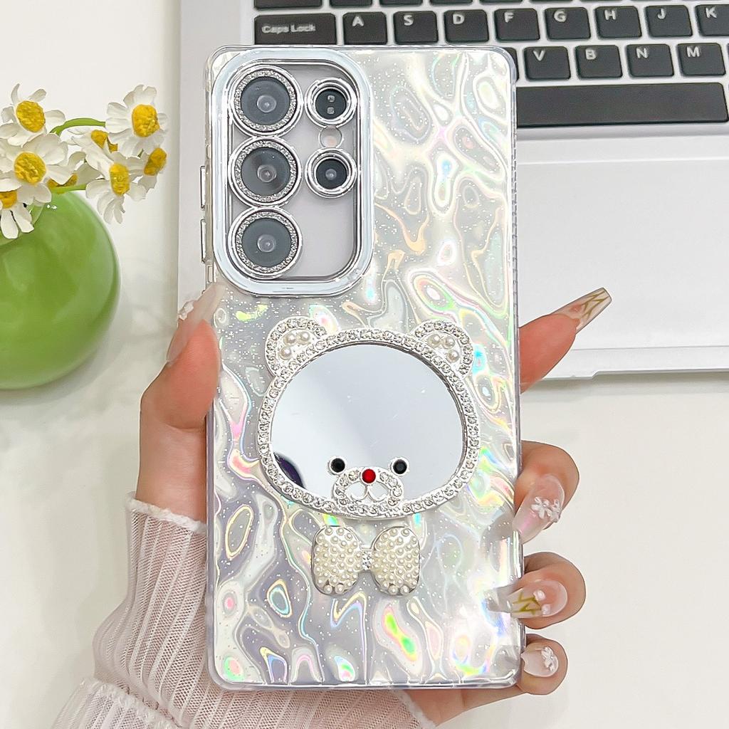 Advanced Wrinkles Suitable for Samsung S25ultra Bracelet Mobile Phone Case S24 Cartoon Mirror A56 Flash Powder Lens Film