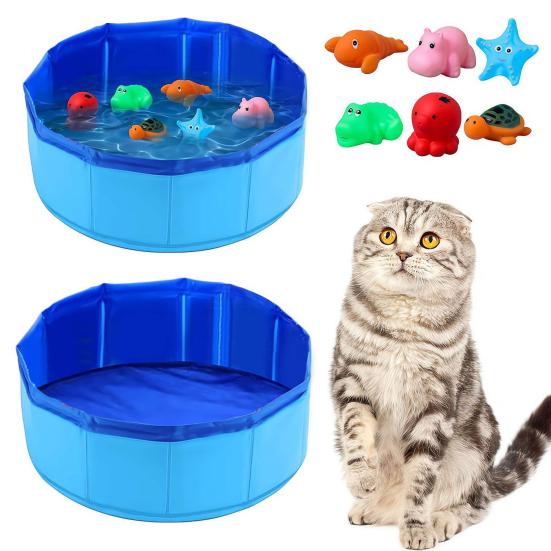 Cat Pool Toy Set with Fish Cat Water Play Pool with 6 Interactive Fish Toys Cat Splash Self Play Pool for Indoor Bored Cats