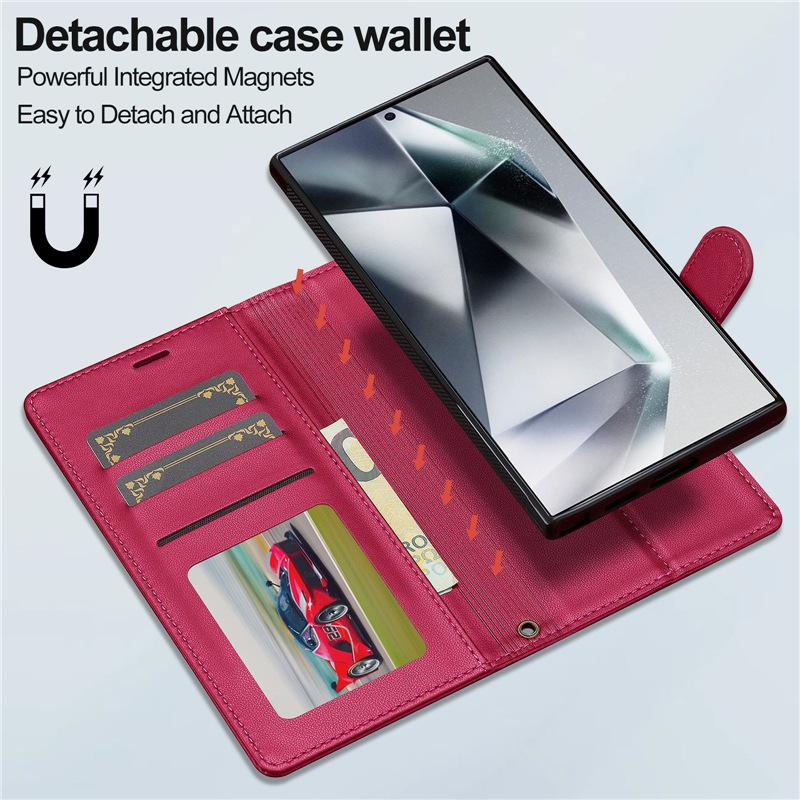 2-in-1 Magnetic Detachable Case for Samsung S25 Ultra, A17 Flip Cover with Card Slot and Lanyard, Leather Case A5655