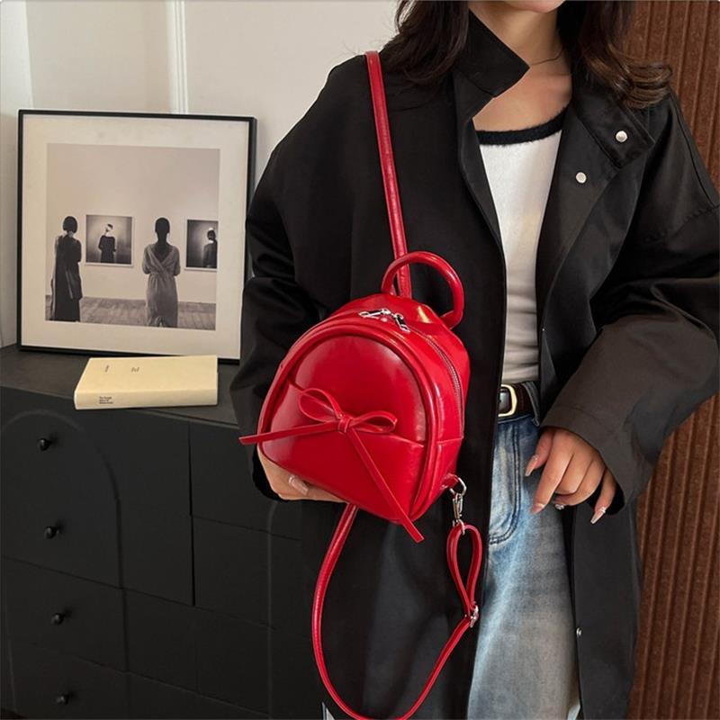 Cute Bow Solid Zipper Pu Backpack Women'S Simple Waterproof Bag Large Capacity Travel Backpack Girly Student School Bags