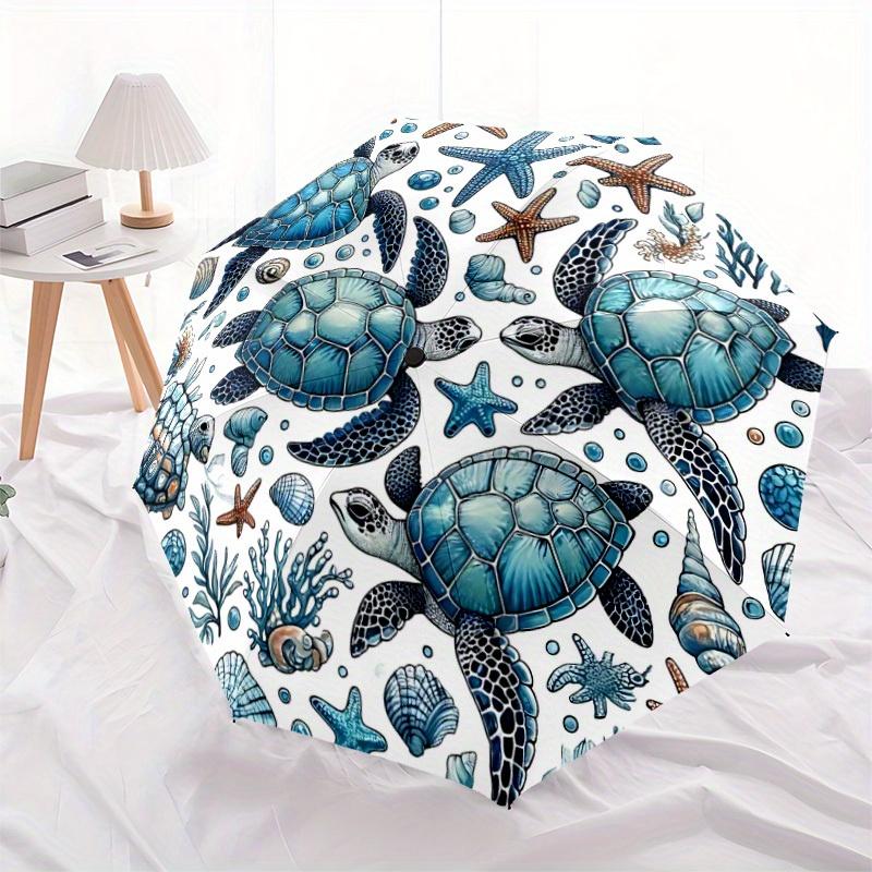1pc Sea Turtle Print Automatic Open, Sturdy Iron Frame, Compact Folding Design, All-Season Portable Umbrella for Women & Men, Outdoor Umbrel