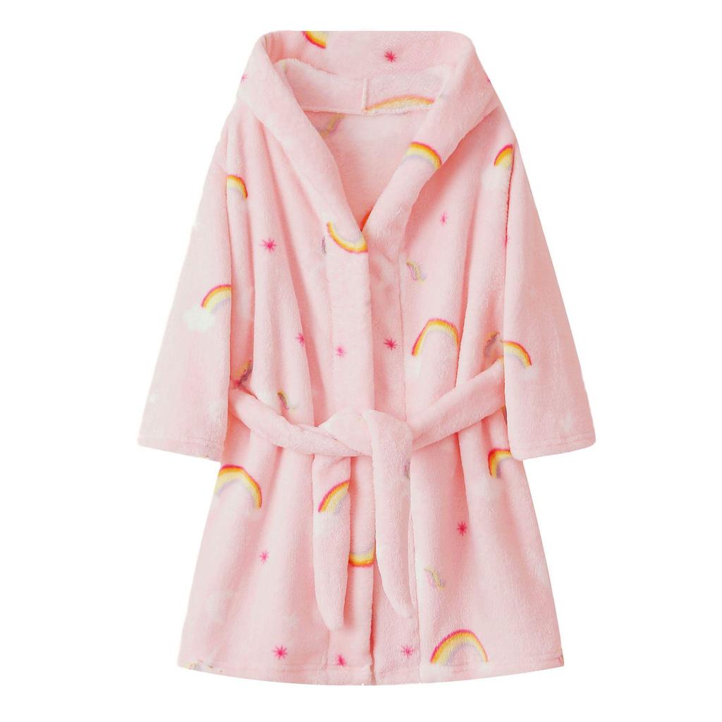 Children's Hooded Rainbow Horse Fleece Bathrobe – Thick, Warm, Autumn/Winter Print