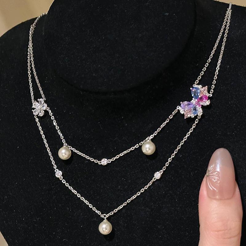Серебряная 925 пробы двойная жемчужная цепочка-ожерелье с инкрустированной разноцветной бриллиантовой бабочкой для женщин, изысканная цепочка-воротник, свадебные украшения
