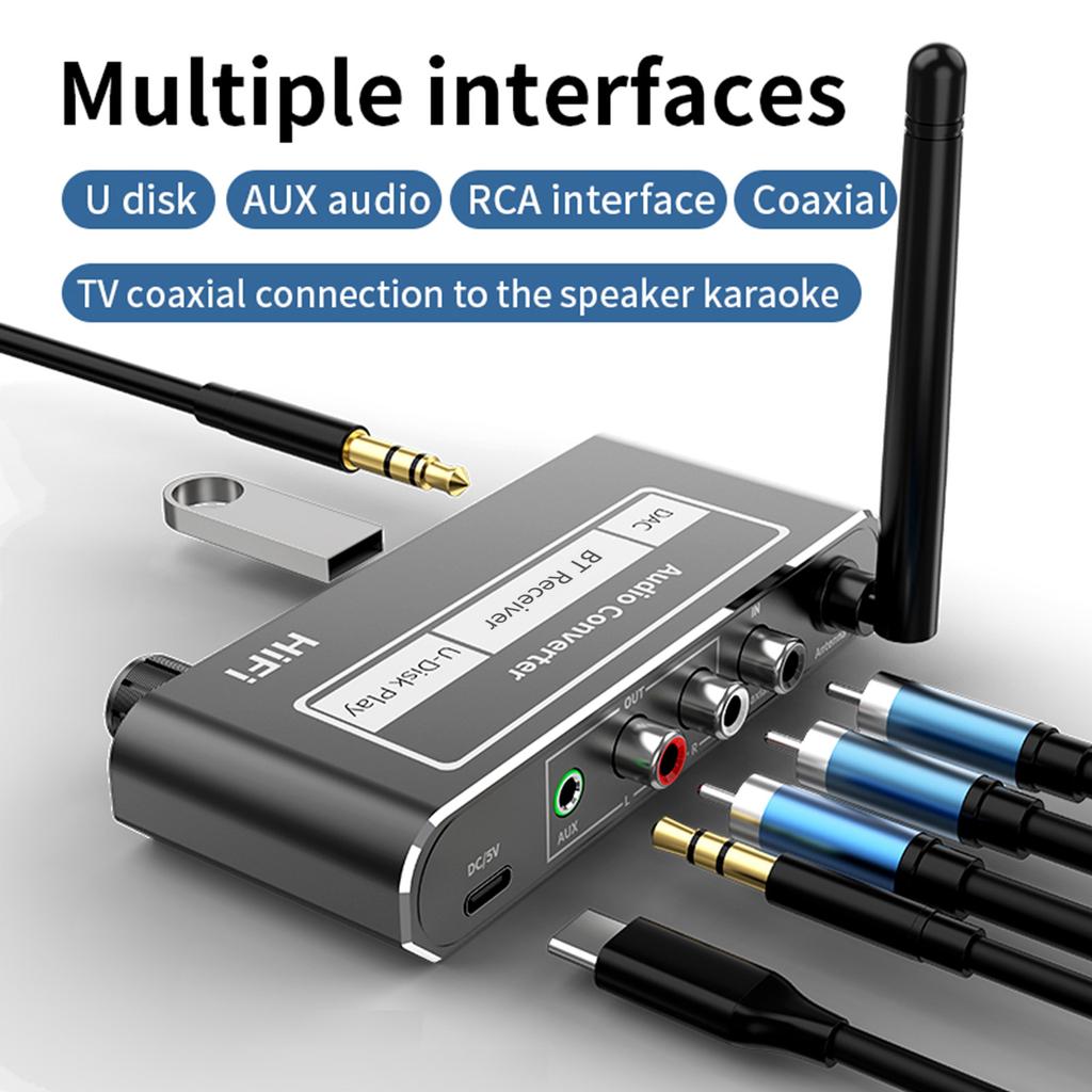 Wireless Audio Converter DAC Bluetooth-compatible5.1 Receiver Support USB U-Disk Play with Microphone Remote Control