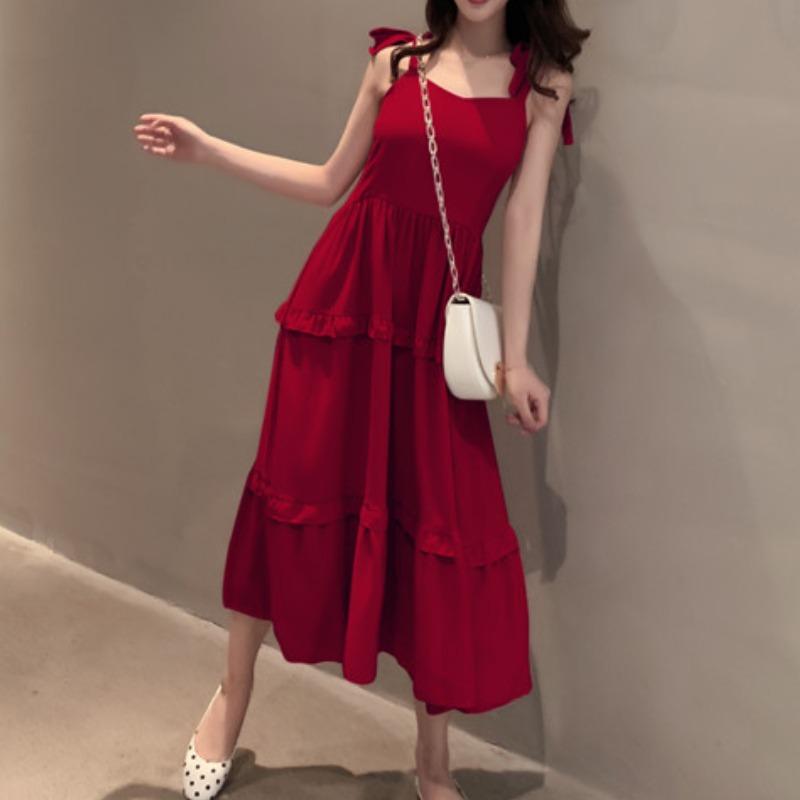Летнее новое однотонное платье с бантом и сексуальными бретельками, женское ретро-платье с высокой талией, повседневное свободное длинное платье, женское модное облегающее элегантное платье с оборками 26371