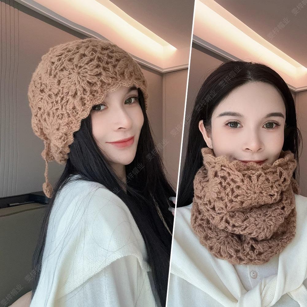 Autumn and winter big head circumference knitted wool hat star warm pile cold hat one hat dual-purpose hollow scarf