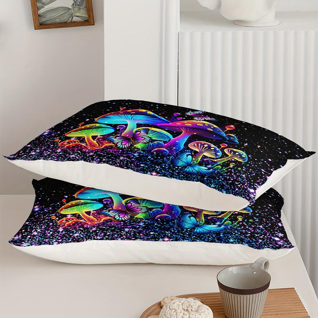 Mushroom Comforter Set Colorful Sparkle Natural Wild Fungus Bedding Set Botanical Plants Duvet Set Butterfly Comforter