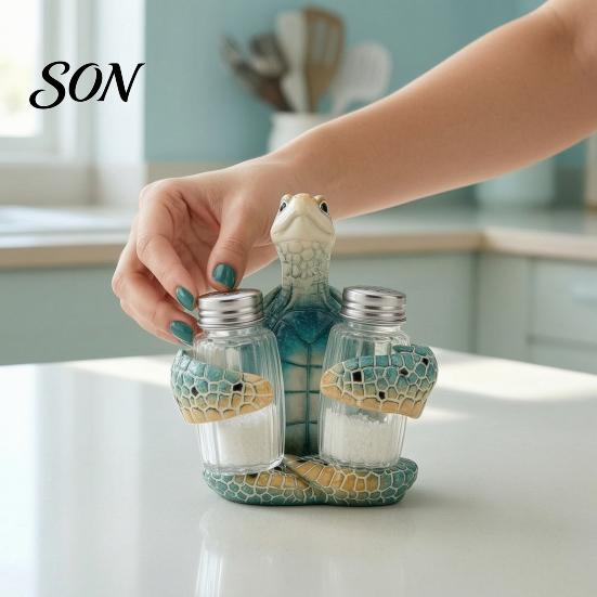 Mediterranean Style Home Accessories Sea Turtle Salt Pepper Shaker Set with Holder, Resin Figurine Unique Housewarming Gift for Beach House