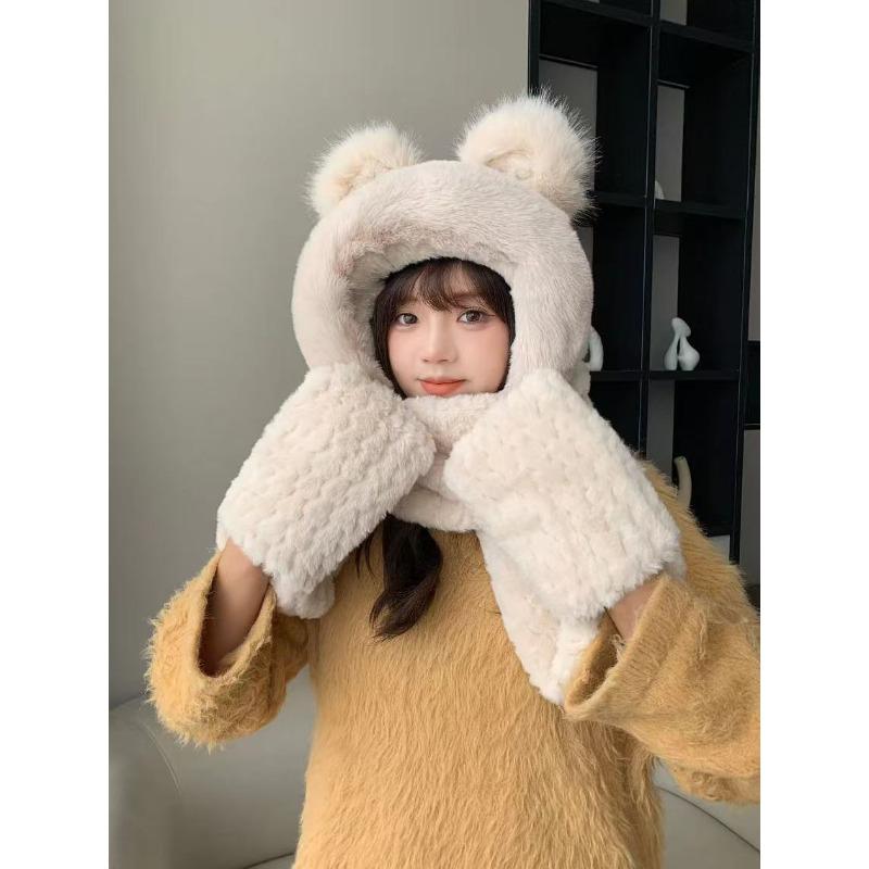 Шапка-медведь для женщин на осень и зиму Осенне-зимний плюшевый комплект из трех предметов: шапка, шарф, перчатки с завязками на шее и защитой ушей