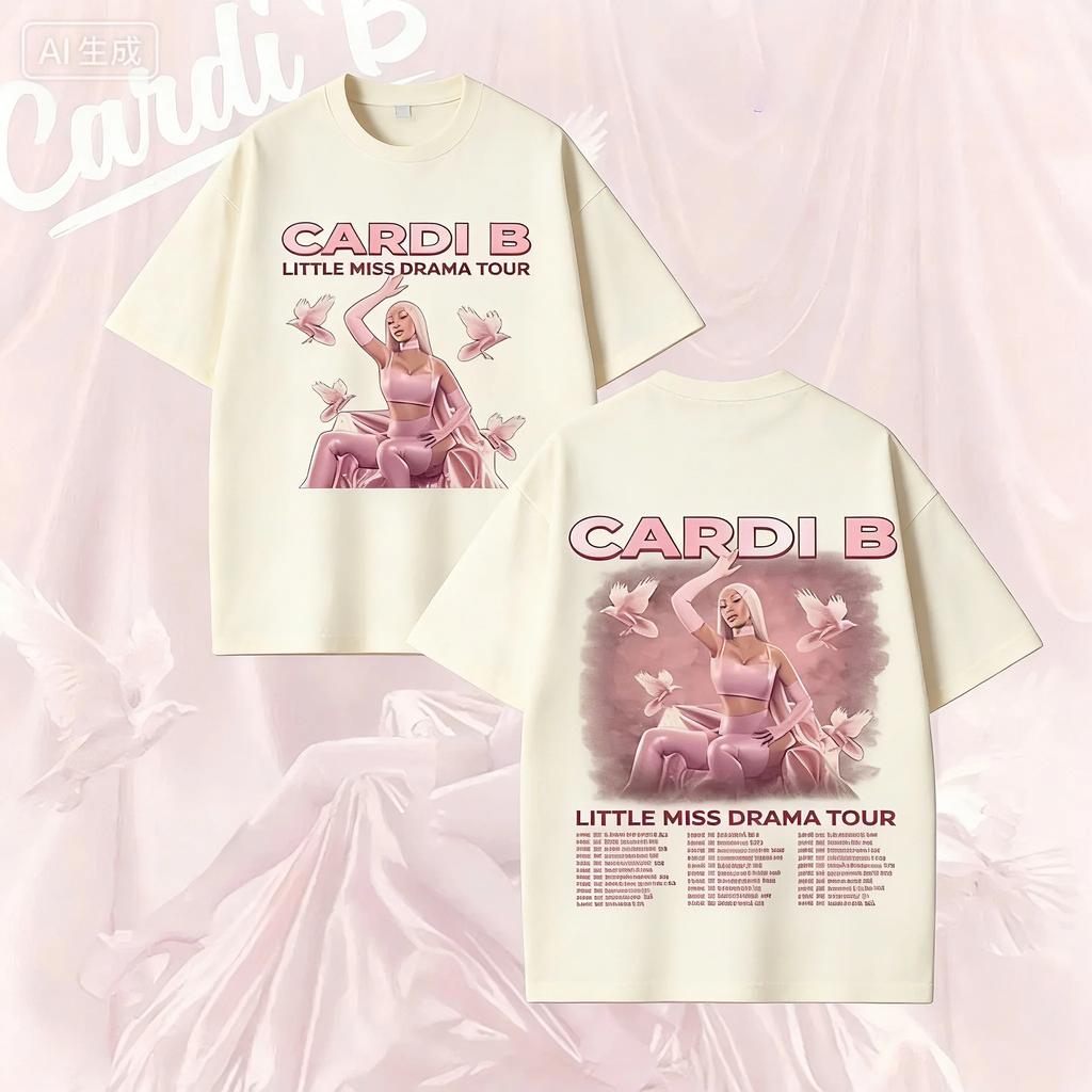 Черная двусторонняя футболка Cardi B "Little Miss Drama Tour" с розовым портретом и полным списком дат тура для фанатов хип-хопа
