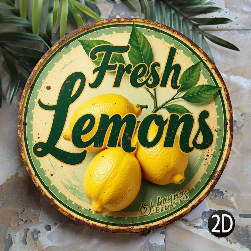 D Flat pc Round Printed Metal Sign with Lemon Floral Design Vintage Green Yellow Decor for Home Garden Cafe Bar