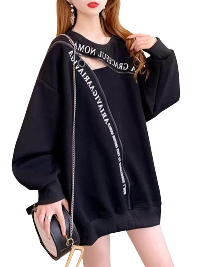 JIYUTOR Lightweight Pullover Loose Harajuku Voluminous School Subculture Style Women's Sweatshirt, Fit, Slimming, Black, Style, Sleeves, Hoodie, (Free