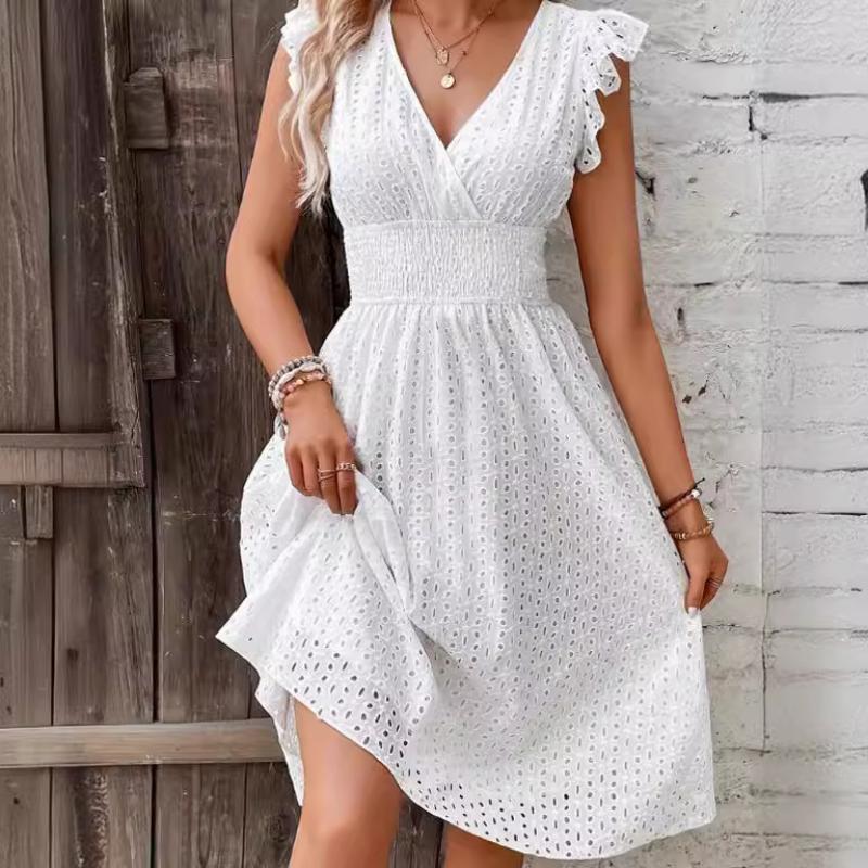 Женское летнее однотонное элегантное платье с v-образным вырезом и рукавами в виде листьев лотоса