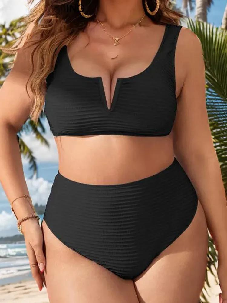 2025 Solid 2 Piece Plus Size Bikini Set Women High Waist Large Swimsuit Push Up Lady Big Swimwear Chubby Sexy Curvy Bathing Suit