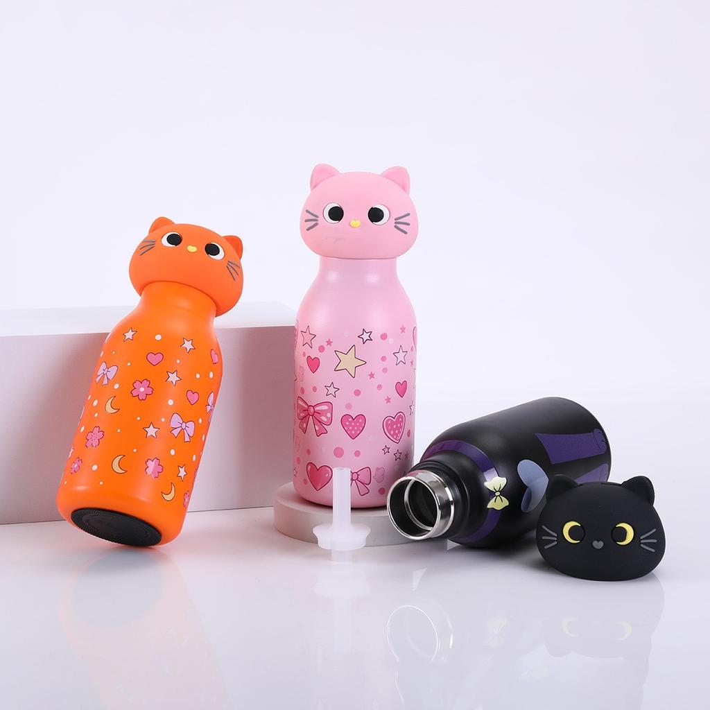 Insulated Stainless Steel Water Bottle with Cat Detachable Soft Head Cartoon Cat Shaped Thermos Bottle With Straw For Kids