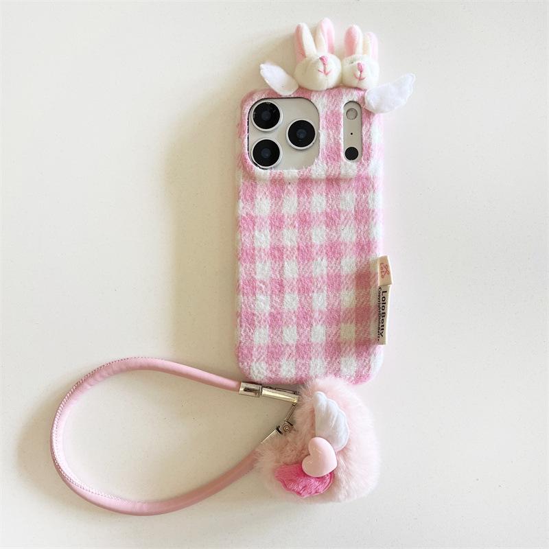 Бархатный 3D чехол с ушками кролика для iPhone 17/16 Pro Max/15/14: Осенне-зимняя версия.