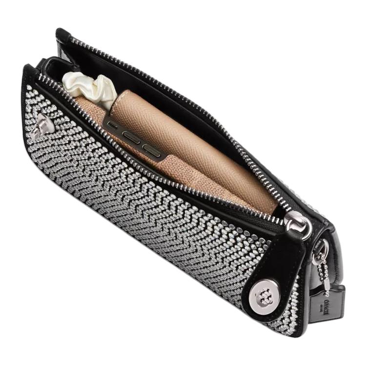 Coach Penn 21 Crystal Embellished Zipper Closure Leather Crossbody Bag Women bags Silver Black CW592-LHBLK
